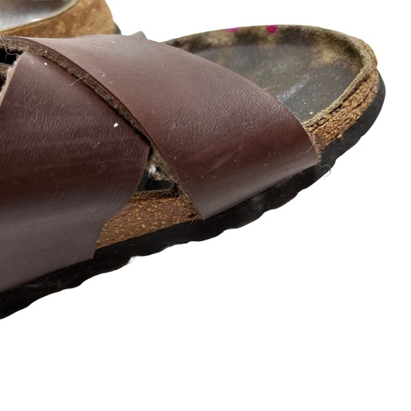 BIRKENSTOCK BIRKI'S Brown Genuine Leather Criss Cross Slides Sandals Shoes sz 6 - Picture 12 of 16